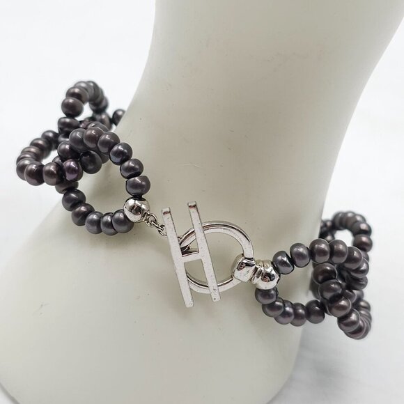 Black Freshwater Pearl Bracelet With Sterling Silver Toggle Clasp Vintage - Picture 2 of 5